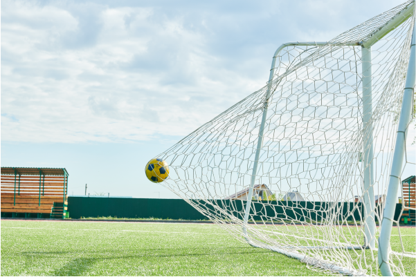 Photo of soccer ball going into net for a goal